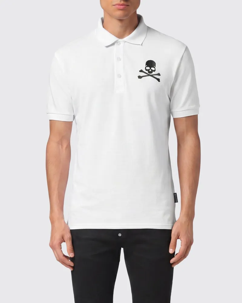 Philipp Plein Kurzärmeliges Baumwoll-Polohemd mit Skull-Print und französischem Kragen Weiß