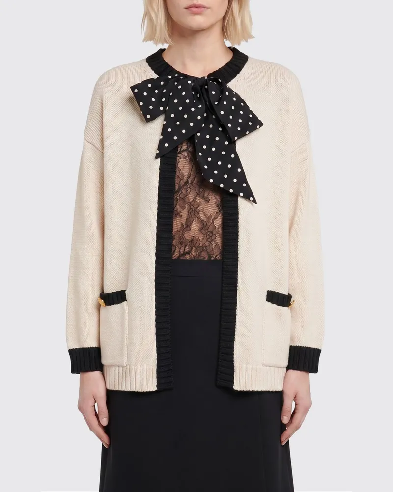 Valentino Garavani Cardigan aus Baumwollmischung mit Schleifen-Applikation und aufgesetzten Taschen Beige