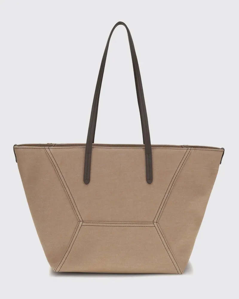 Brunello Cucinelli Baumwoll-Tragetasche mit doppelten Ledergriffen Camel