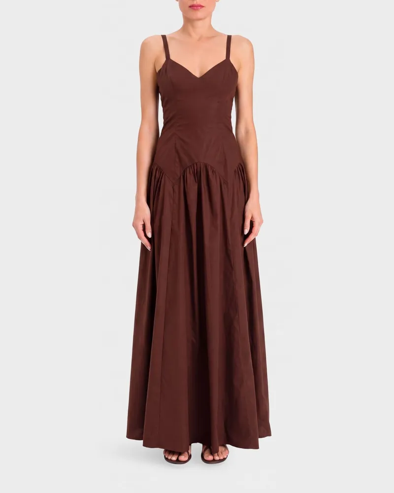 Twin-Set Langes A-Linien-Kleid aus Stretch-Baumwolle mit V-Ausschnitt Kaffee