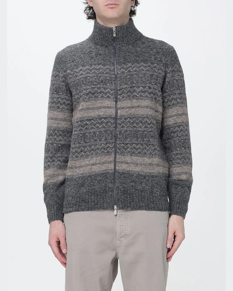 Brunello Cucinelli Gestreifter Cardigan aus Kaschmir und Wolle mit Rollkragen Charcoal
