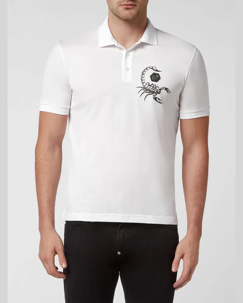 Philipp Plein Kurzärmeliges Baumwoll-Poloshirt mit kontrastierendem Logo Weiß