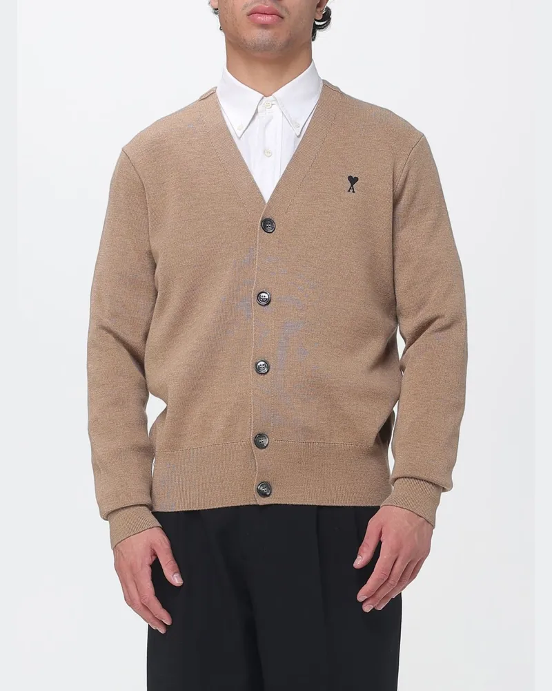 AMI Paris Woll-Cardigan mit V-Ausschnitt und kontrastierender Logo-Stickerei Beige