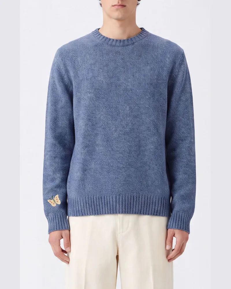 Valentino Garavani Pullover mit Rundhalsausschnitt aus reiner Schurwolle mit Rippbündchen Blau