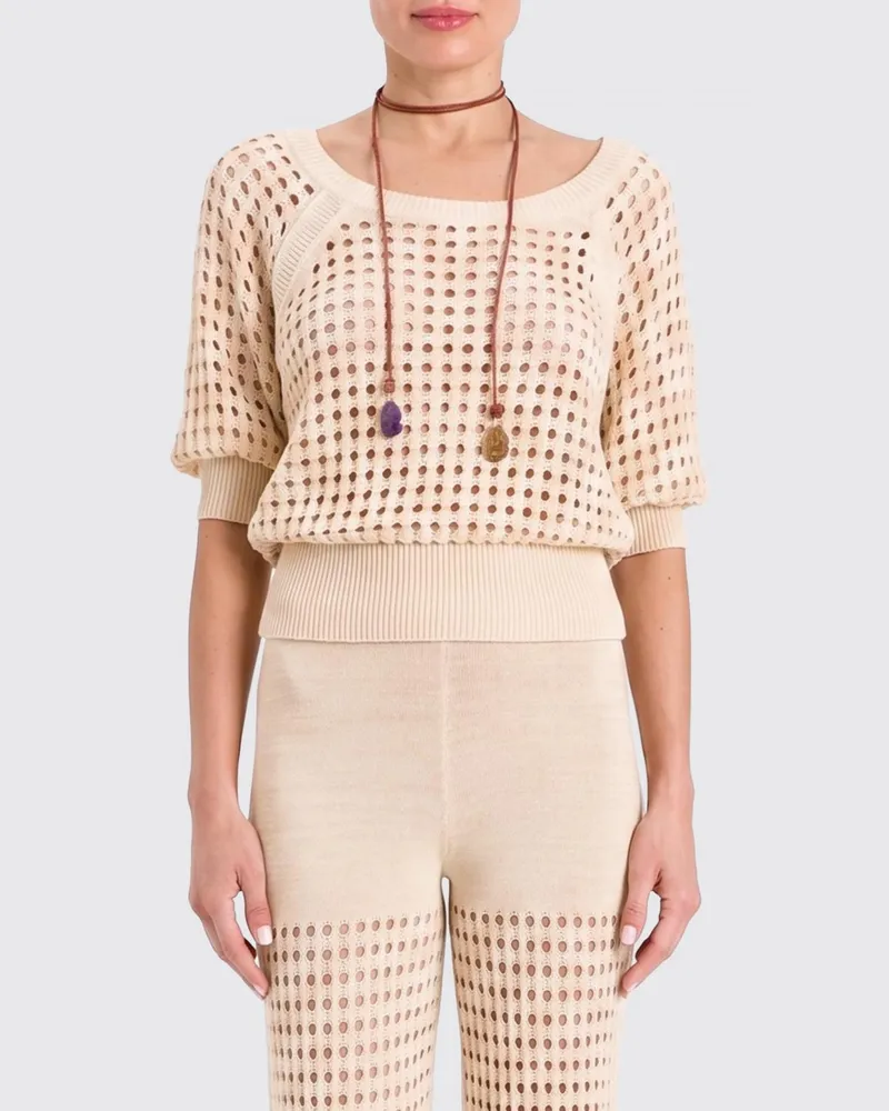 Twin-Set Perforiertes Baumwollstrick-Top Beige