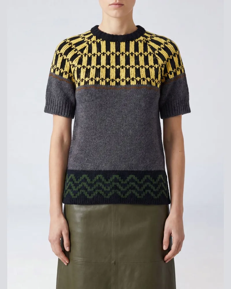 Marni Schmaler Wollpullover mit abstraktem Jacquardmuster und Rundhalsausschnitt Grau