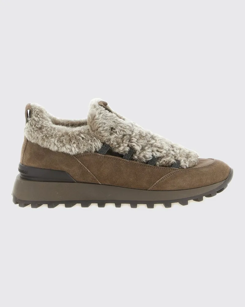 Brunello Cucinelli Low-Top-Sneaker aus Leder und Shearling mit Monili-Detail Braun