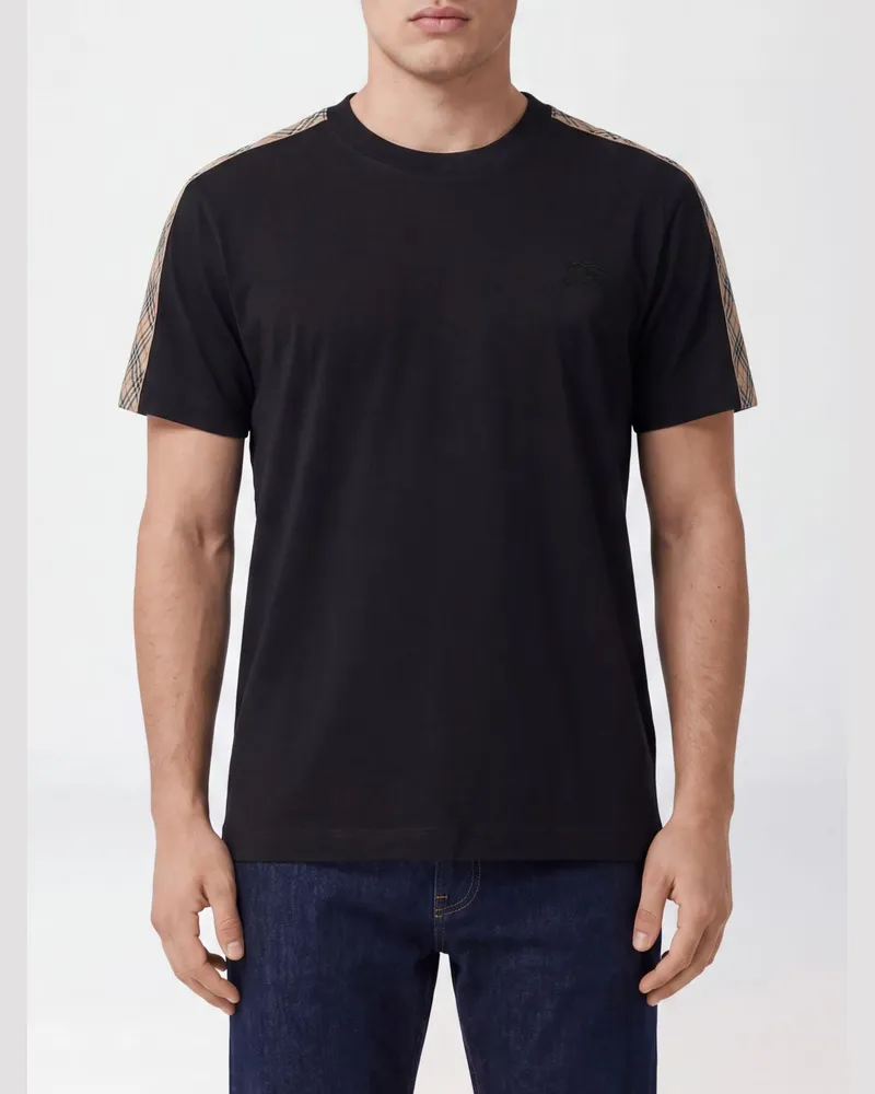 Burberry Rundhals-T-Shirt von aus Baumwolle mit Seitenstreifen und Equestrian Knight-Logo Schwarz