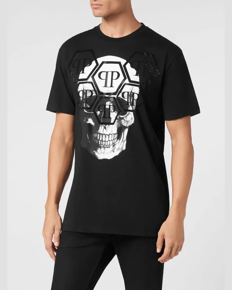 Philipp Plein Baumwoll-T-Shirt mit Skull-Print und Strass-Hexagon-Logo Schwarz