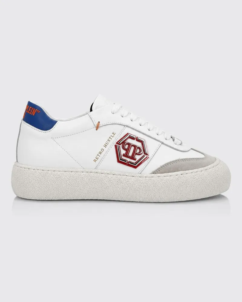 Philipp Plein Niedrige Sneaker Retro Hustle aus Monogramm-Leder mit Plateausohle Weiß