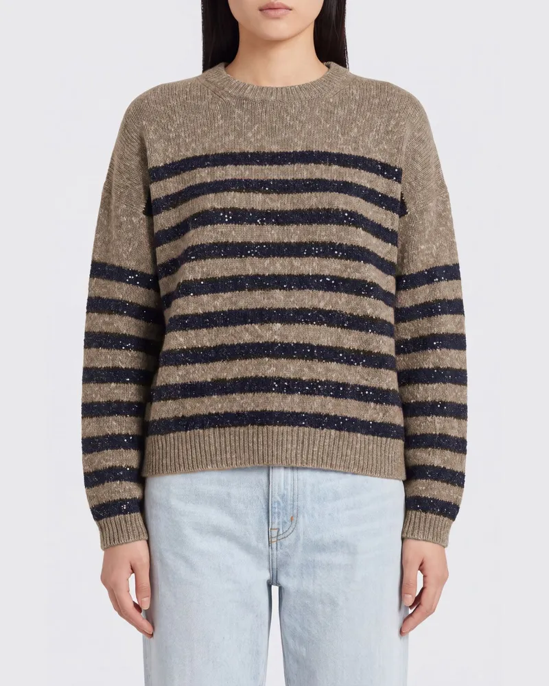 Brunello Cucinelli Gestreifter Rundhalspullover von aus Kaschmir-Woll-Mischung mit Lurex Beige