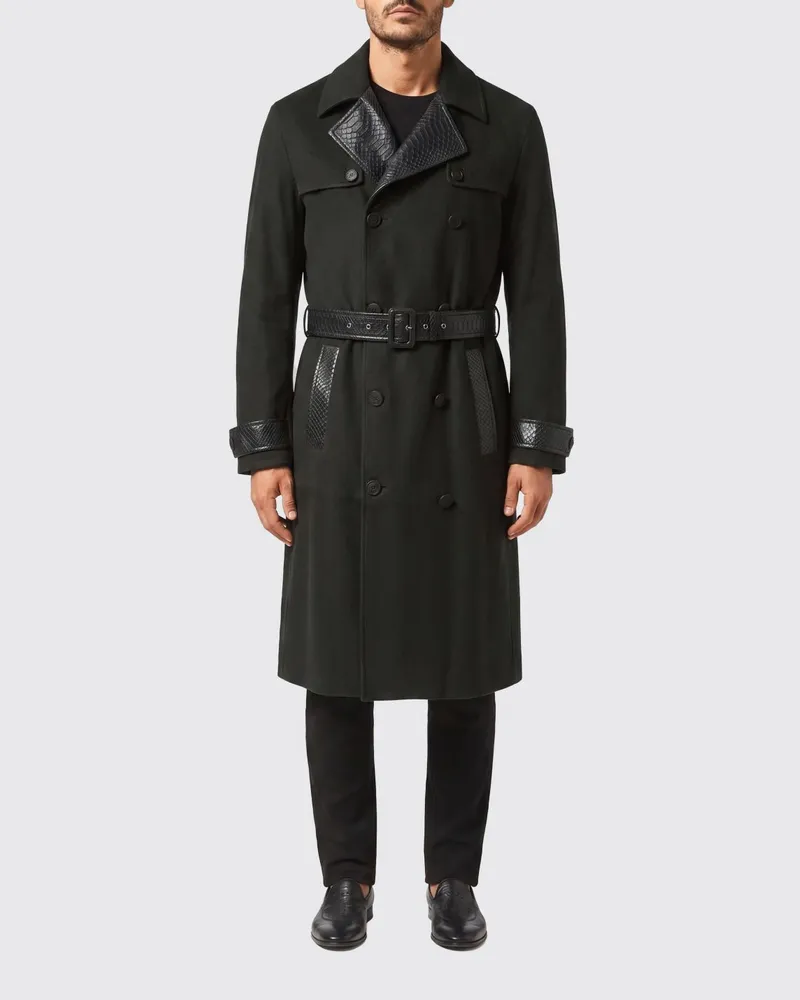 Billionaire Zweireihiger Wildleder-Trenchcoat mit Schlangenlederdetails Schwarz