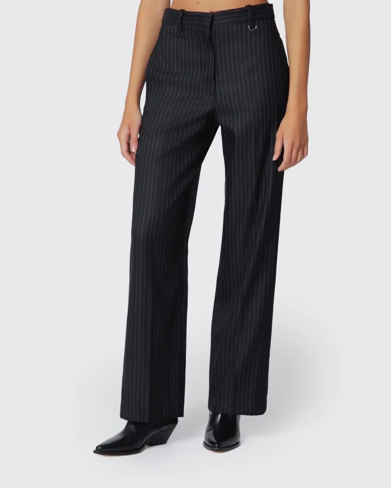 Isabel Marant Gestreifte, hoch taillierte Wollhose mit geradem Bein Schwarz