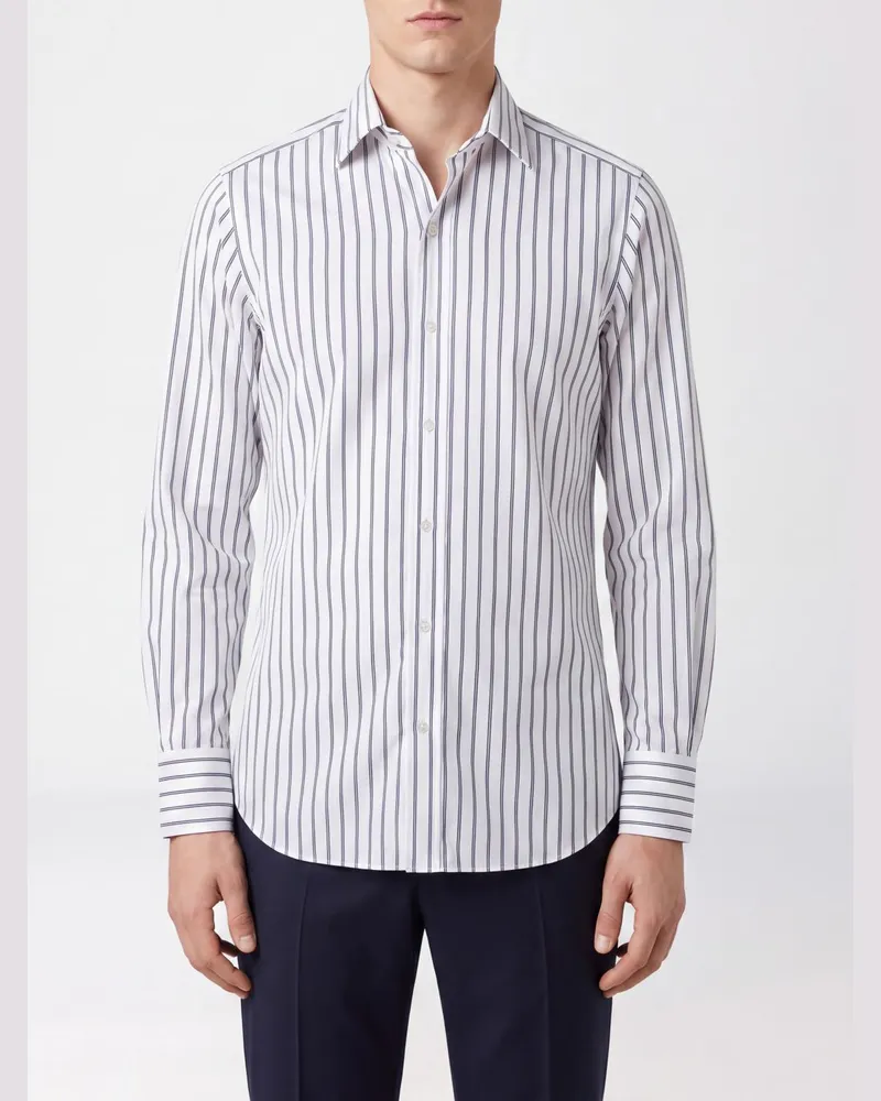 Tom Ford Gestreiftes Slim-Fit Baumwollhemd mit Haifischkragen und langen Ärmeln Weiß