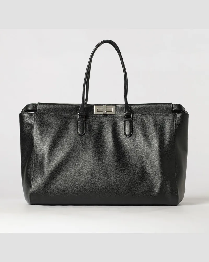 Fendi Große Peekaboo Tote-Bag von aus genarbtem Kalbsleder mit Drehverschluss Schwarz