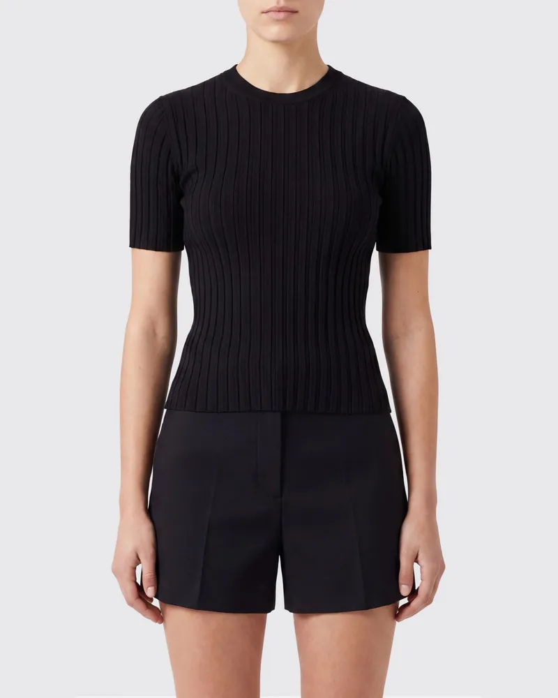AMI Paris Schmal geschnittenes, kurzärmeliges Viskose-Stricktop mit Rippbündchen Schwarz