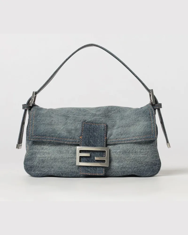 Fendi Baguette Schultertasche aus blauem Baumwoll-Denim mit FF-Monogramm Blau