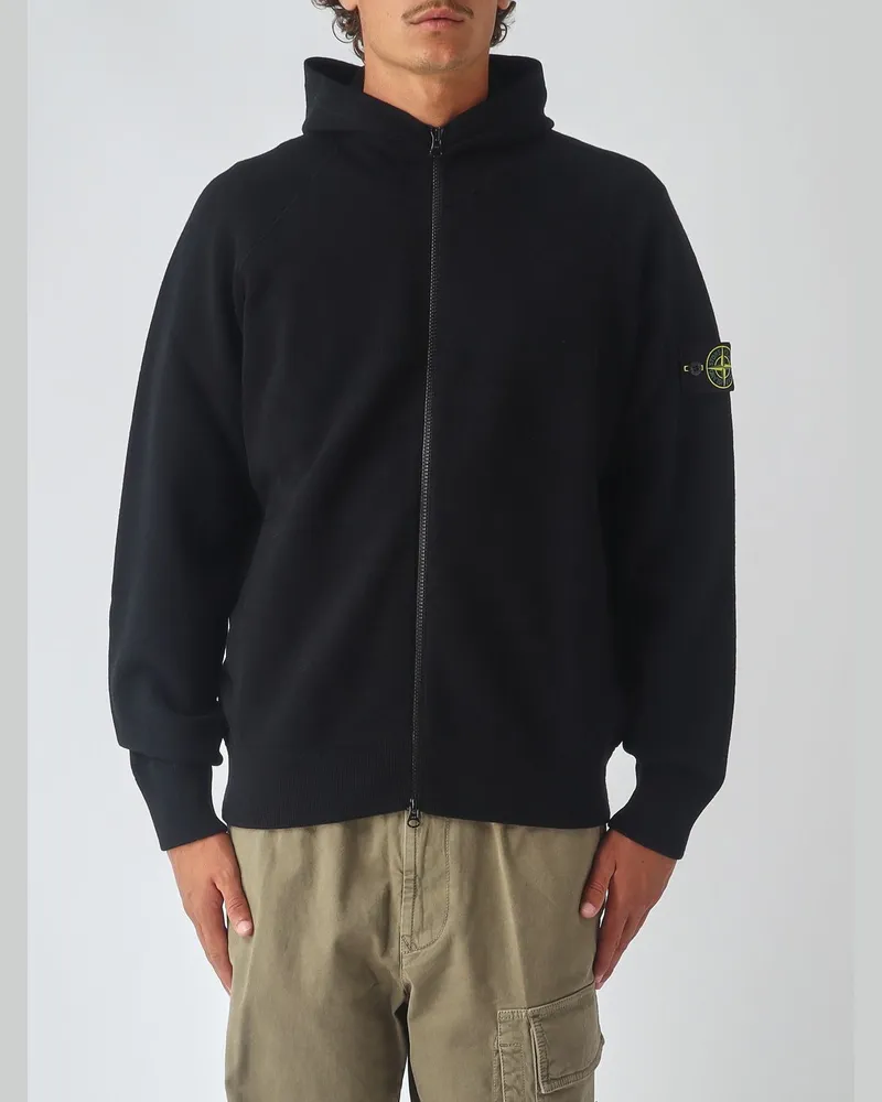 Stone Island Full-Zip-Hoodie aus Schurwollstrick mit Logo-Patch Schwarz