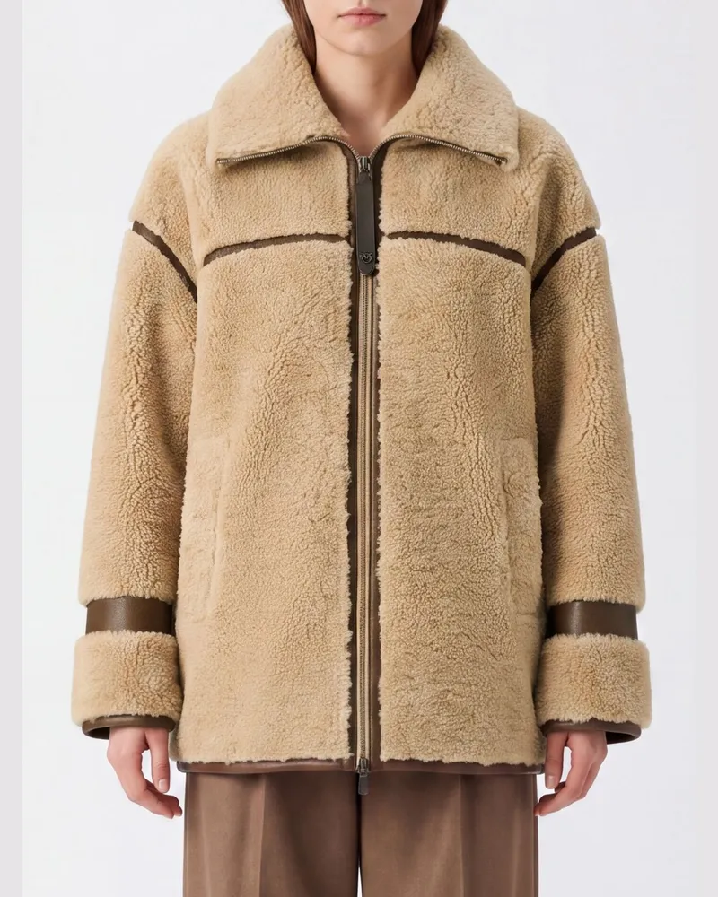 Pinko Kurze Jacke aus Lammfellimitat mit Reißverschluss Beige