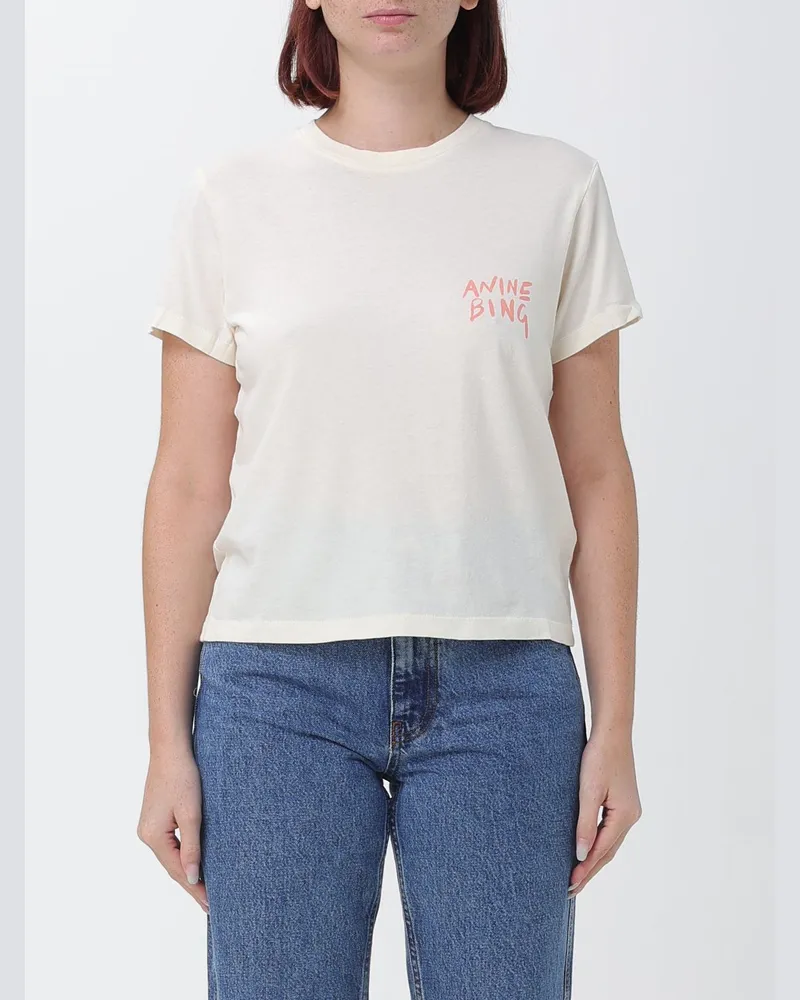 Anine Bing Kurzärmeliges Baumwoll-T-Shirt mit grafischem Front-Print Ecru