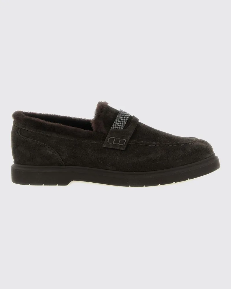 Brunello Cucinelli Penny-Loafer aus Wildleder mit Shearling-Futter und Monili Braun
