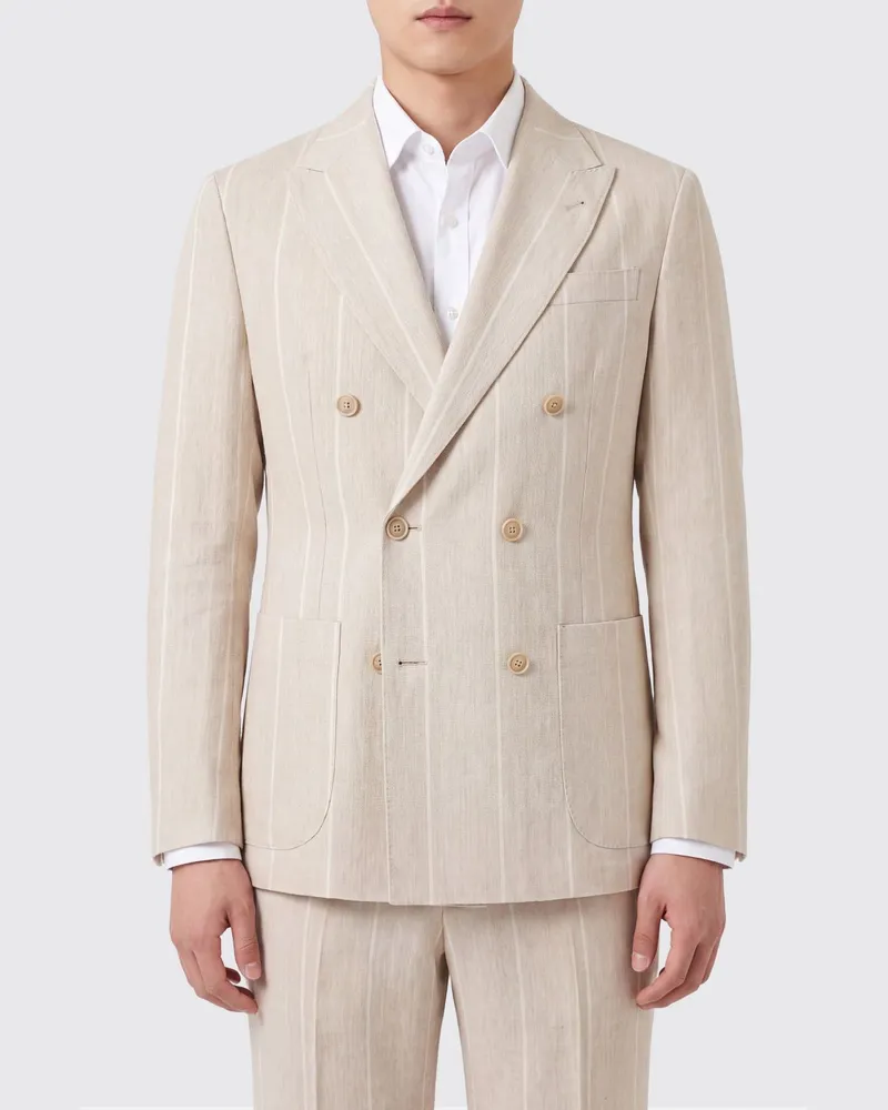 Eleventy Zweireihiger Nadelstreifen-Blazer aus Leinen und Baumwolle mit steigendem Revers Sand