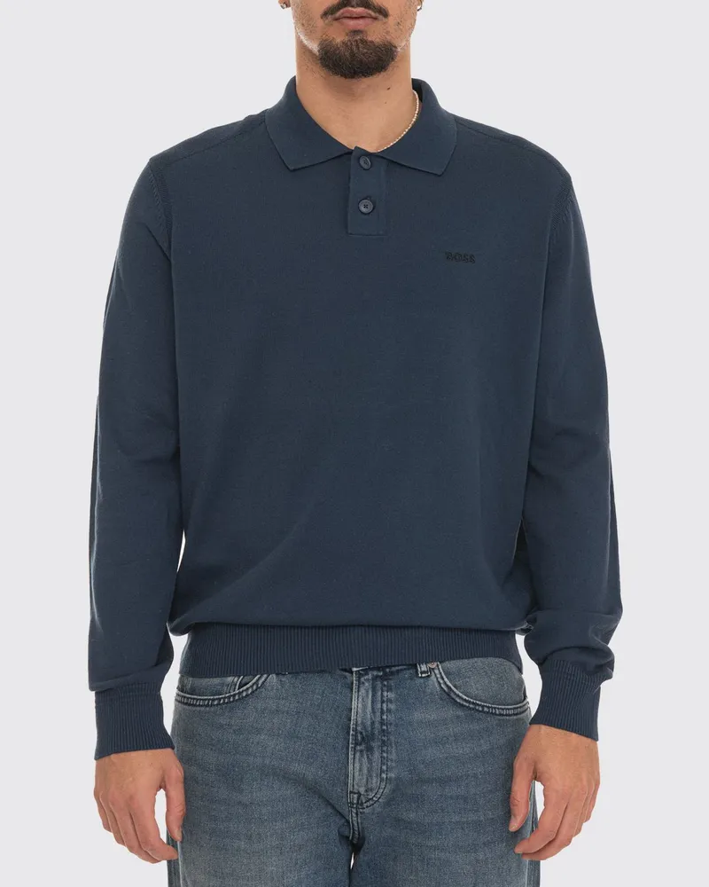 HUGO BOSS Langärmeliges Baumwoll-Poloshirt mit Ton-in-Ton-Logostickerei Blau