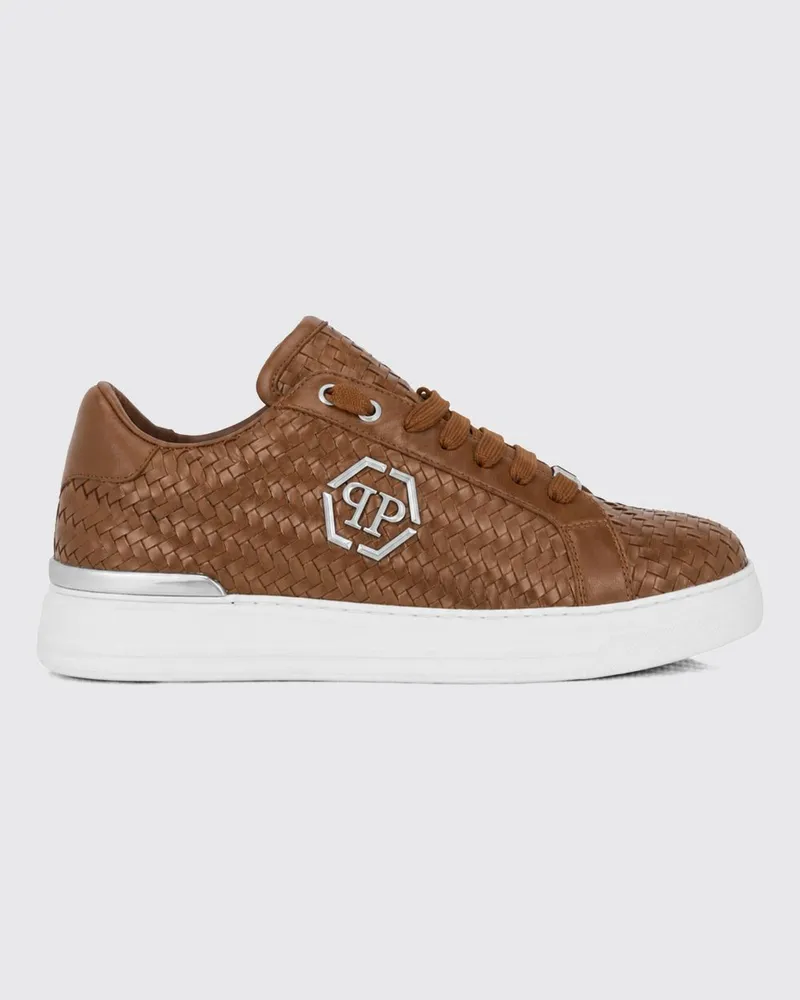 Philipp Plein Low-Top-Sneaker aus geflochtenem Leder mit Hexagon-Logo Braun