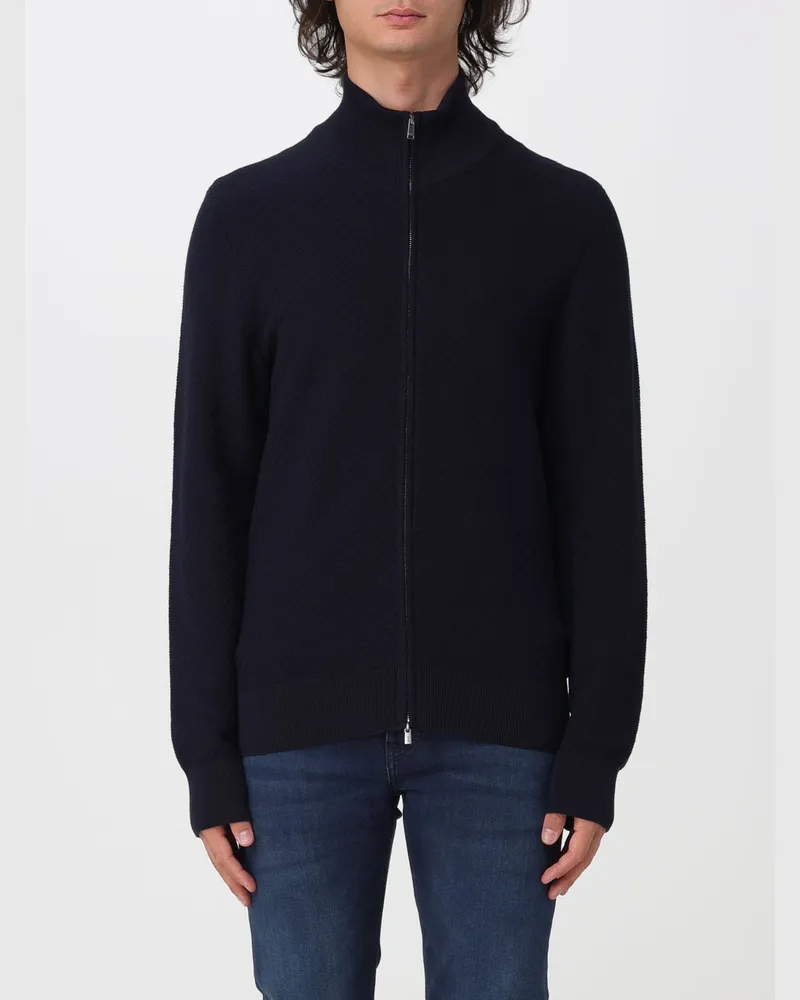 HUGO BOSS Strickjacke aus reiner Wolle mit Rollkragen, durchgehendem Reißverschluss und überschnittenen Schultern Blau