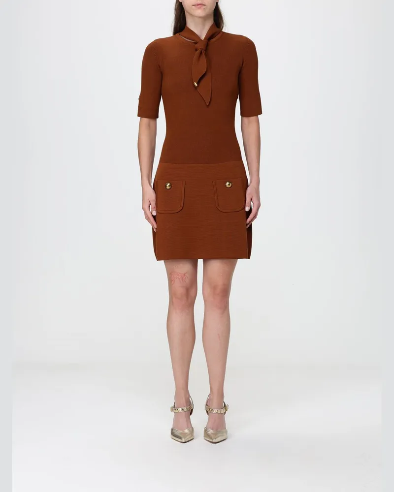 Elisabetta Franchi Strick-Minikleid mit Schluppenkragen und Taschen Tabak