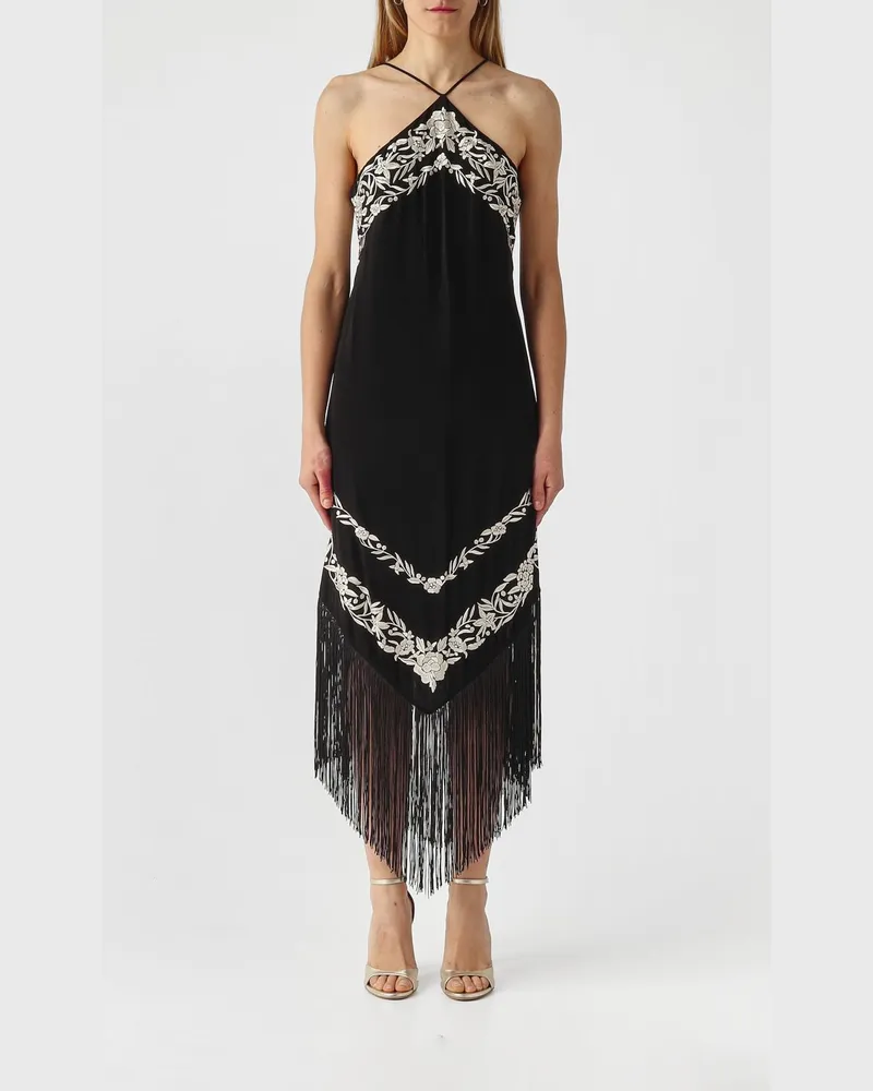 Twin-Set Asymmetrisches Viskosekleid mit Fransen Schwarz