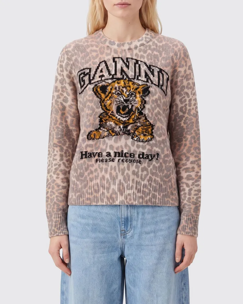 Ganni Slim-Fit-Pullover aus Merinowolle mit Animalier-Print und Logo Milch