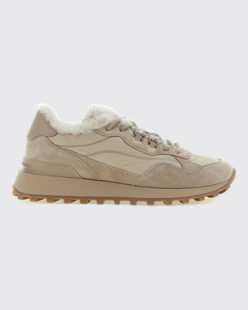 Brunello Cucinelli Low-Top-Sneaker aus Wildleder und Nylon mit Shearling-Futter Grau