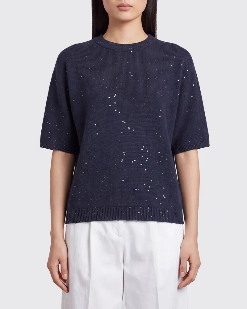 Brunello Cucinelli V-Ausschnitt-Pullover aus Kaschmir und Seide mit Pailletten Blau