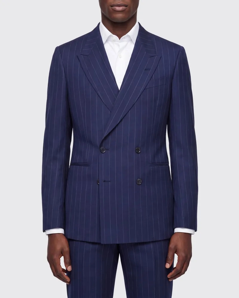 Paul Smith Zweireihiger Nadelstreifen-Blazer aus Wolle und Leinen Blau
