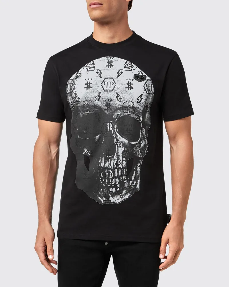 Philipp Plein Baumwoll-T-Shirt mit kontrastierendem Totenkopf- und Logoprint hinten Weiss