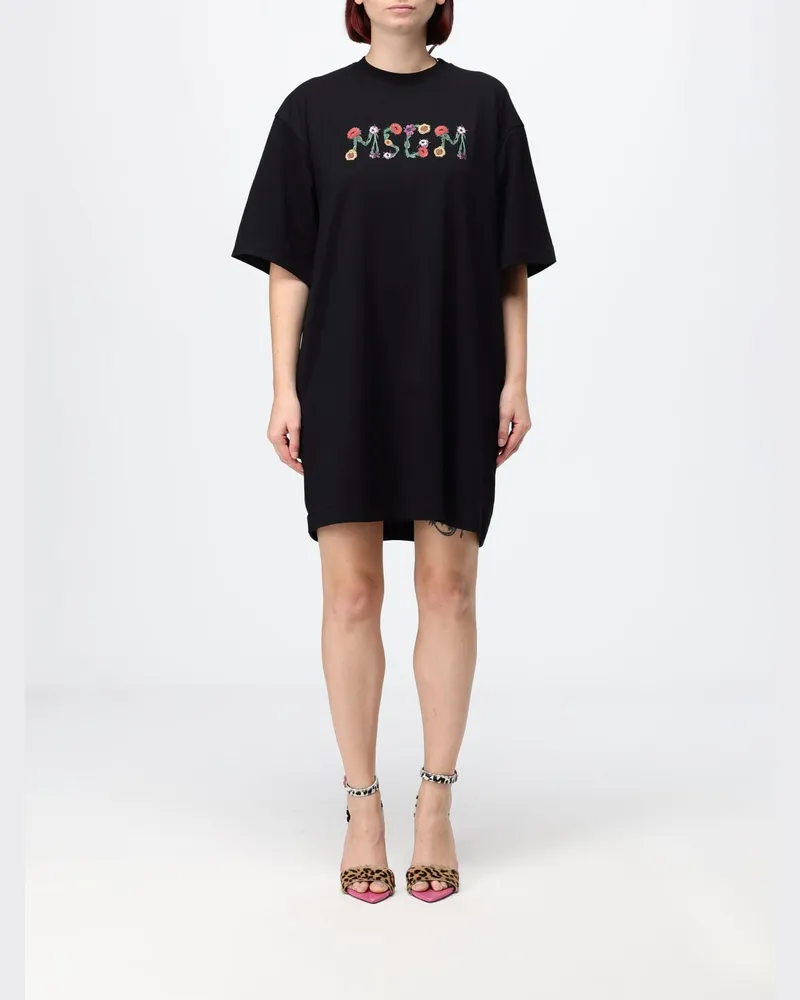 MSGM Mini-T-Shirt-Kleid von aus Baumwolle mit Kontrastlogo und überschnittenen Schultern Schwarz