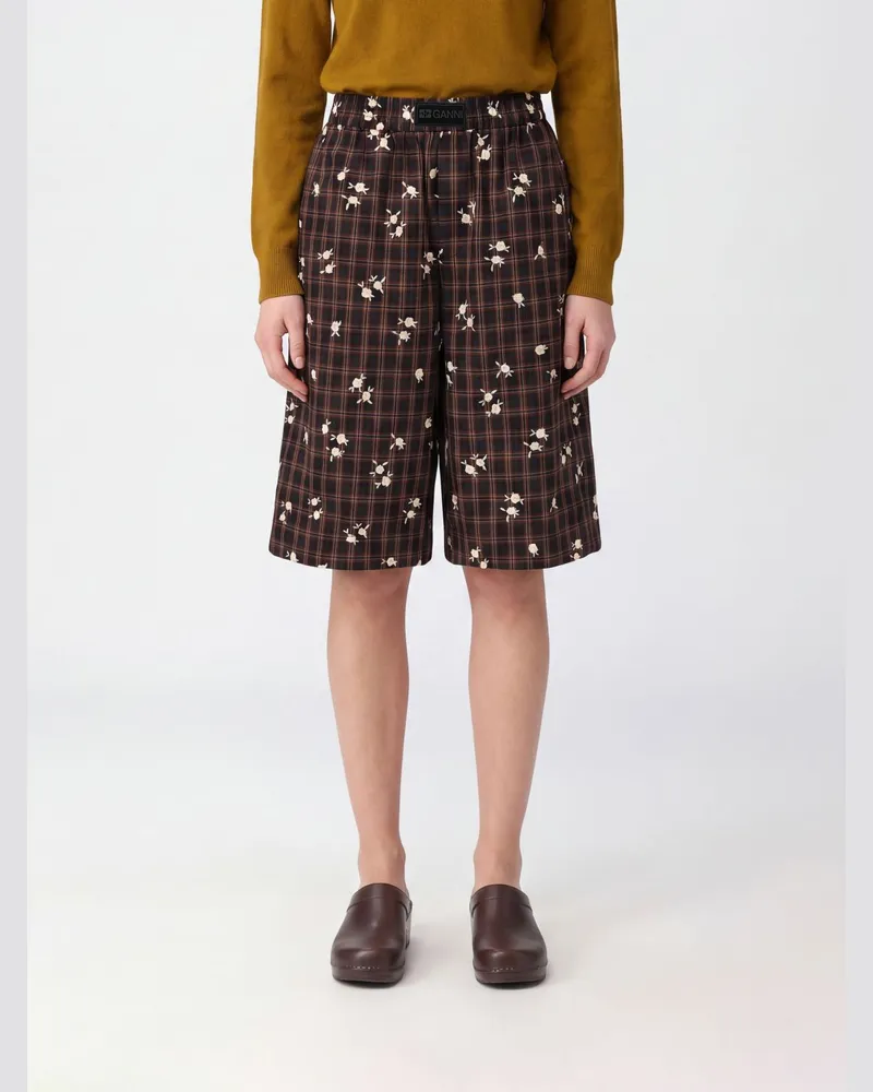 Ganni Karierte High-Waist-Shorts von aus Bio-Baumwolle mit elastischem Bund Kaffee