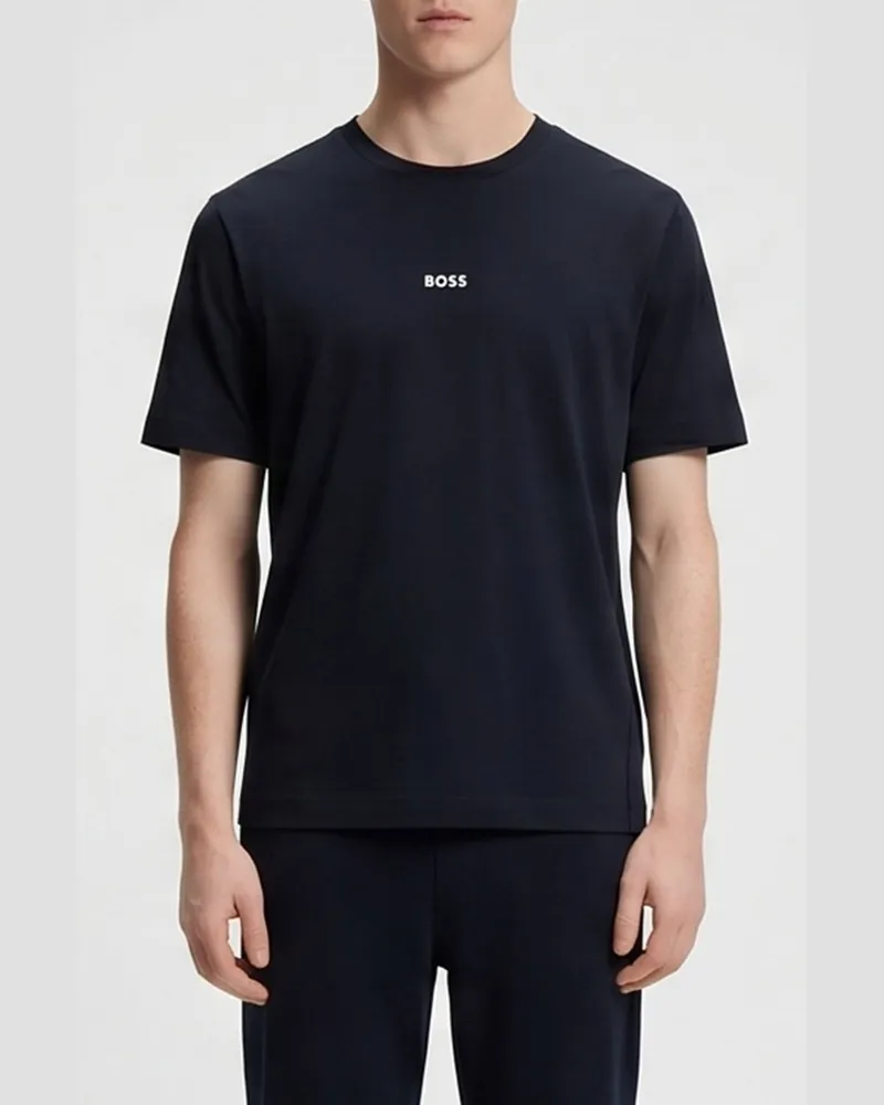 HUGO BOSS T-Shirt aus Stretch-Baumwolle mit Rundhals und Kontrastlogo Blau
