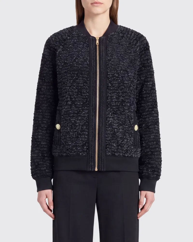 Balmain Kurze Bouclé-Bomberjacke mit Reißverschluss und Leistentaschen Schwarz