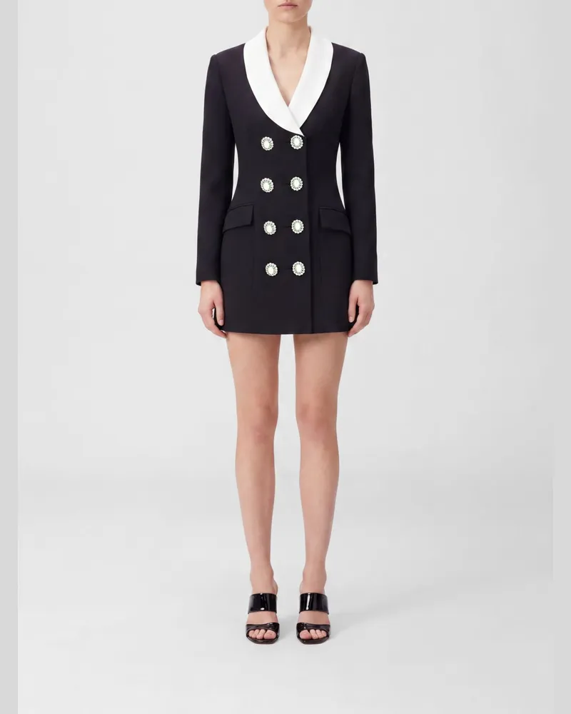 Self-Portrait Zweireihiges Blazer-Minikleid aus Wolle mit Schmuckknöpfen Schwarz