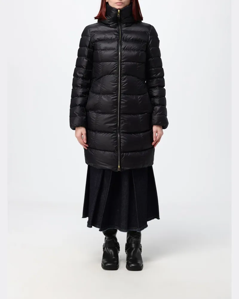 Peuterey Knielange gesteppte Nylon-Daunenjacke mit Kapuze und Eingrifftaschen Schwarz