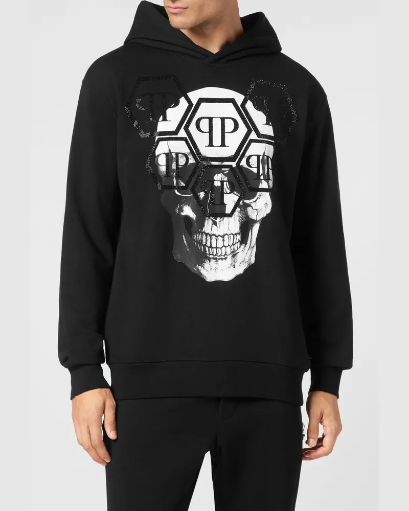 Philipp Plein Baumwoll-Hoodie mit Skull-Print und Strass-Logo Schwarz