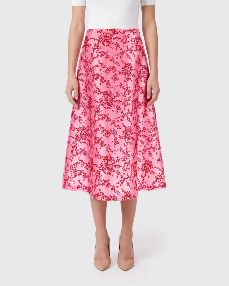 Alberta Ferretti Geblümter A-Linien-Midirock aus Seidenmischung mit hoher Taille Pink