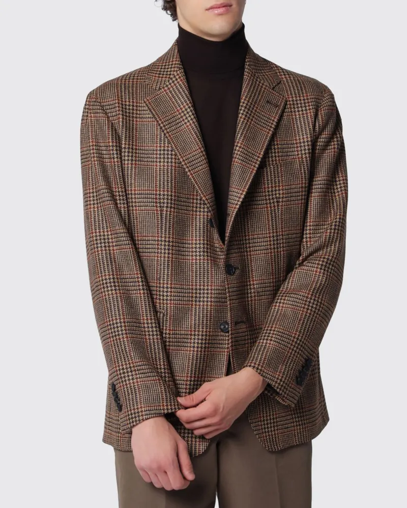 Tagliatore Einreihiger Tartan-Blazer von aus Schurwolle und Kaschmir Braun