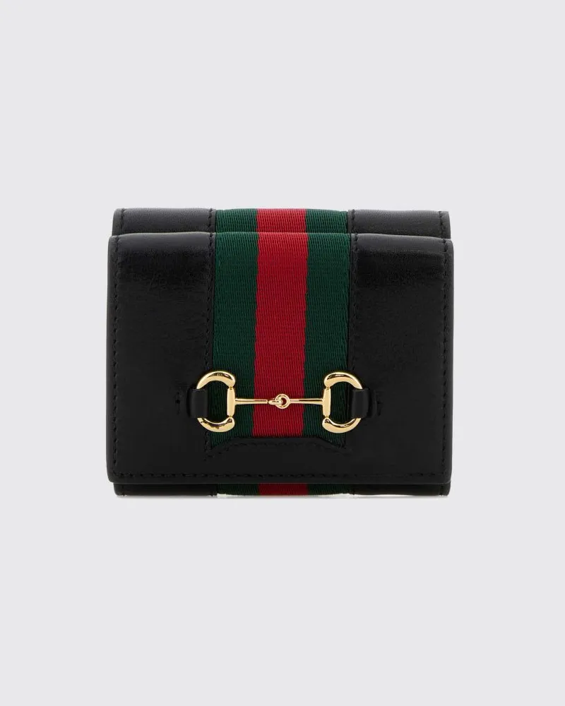 Gucci Dreifach gefaltete Horsebit Web Kalbsleder-Brieftasche von mit Web-Detail Schwarz