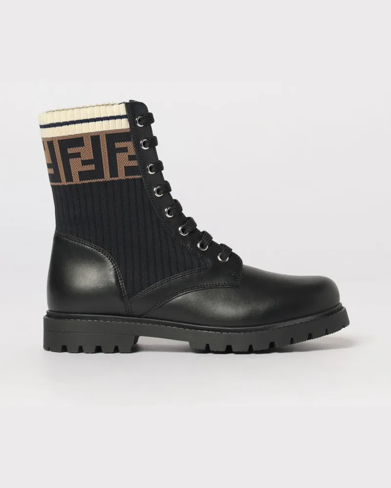 Fendi Stiefeletten aus Leder und Rippstrick mit FF-Monogramm Schwarz