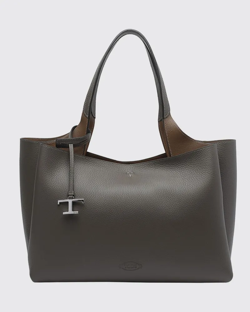 TOD'S Mittlere Schultertasche aus gehämmertem Leder mit Hakenverschluss Grau