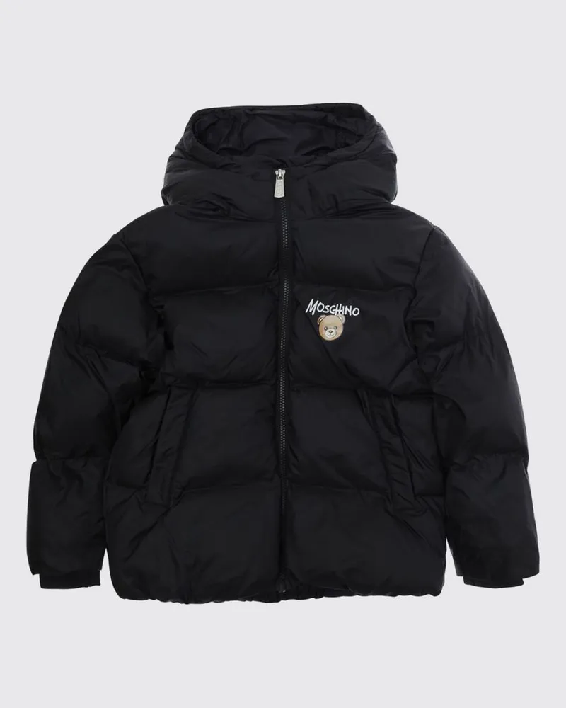 Moschino Kurze gesteppte Nylon-Daunenjacke für Jungen mit Kapuze und Kontrastlogo Schwarz