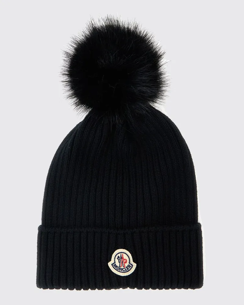 Moncler Rippenstrick-Wollmütze für Jungen mit Bommel und Logo-Patch Schwarz
